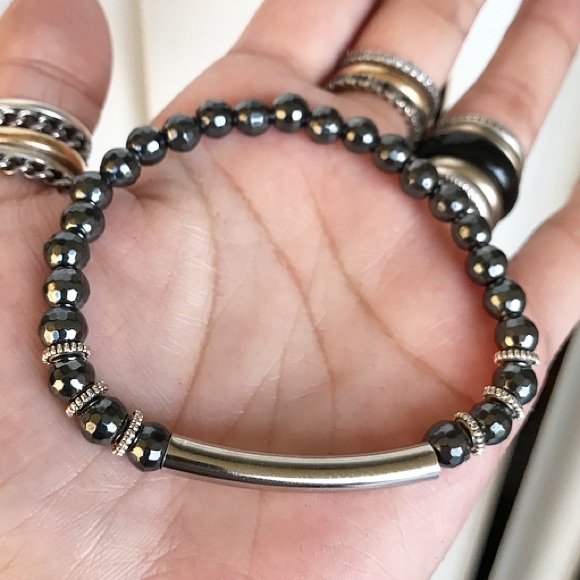 Genuine hematite beads silver bar bracelet - Picture 3 of 9